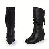 preiswerte Slouch-Stiefel-Damen Stiefel Slouchy-Stiefel Übergrössen Schuhe mit innerer Höhenerhöhung Outdoor Arbeit Täglich Feste Farbe Stiefel mit mittlerer Wade Winter Keilabsatz Runde Zehe Elegant Modisch Klassisch PU