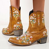 abordables Cowboy y botas occidentales-Botas vaqueras occidentales vintage para mujer: botines de piel sintética con bordados florales para uso informal y festivo