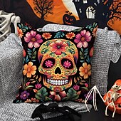 levne Halloween ložnice-Halloweenský povlak na polštář z obou stran 1ks lebka den mrtvých měkký dekorativní čtvercový potah na polštář povlak na polštář pro ložnici obývací pokoj pohovku židli dekorace