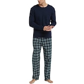 billiga Pyjamas-Herr Vardagsklädsel Sovkläder Pyjamas set Pyjamastopp och byxa 2 delar Rutig Stylish Ledigt Komfort Hem Dagligen Bomullsblandning Komfort Rund hals Långärmad T-shirt Byxa Snörning Elastisk midja