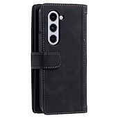 abordables Carcasas Samsung-Funda para teléfono para Samsung Galaxy Z Fold 5 Z Fold 4 Z Fold 3 Funda de billetera con cremallera protección completa con correa para muñeca color liso de cuero PU