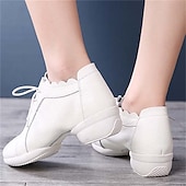 abordables Baskets de danse-Chaussures de danse à lacets en cuir et maille blanche pour femmes, avec semelle souple et flexible, baskets de jazz respirantes pour la pratique latine, la salle de bal et l&#039;entraînement physique.