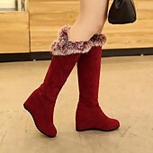 abordables Botas de nieve e invierno-Botas altas hasta la rodilla de ante rojo para mujer con ribete de piel sintética y tacón de cuña: botas cálidas de moda invernal para uso casual y al aire libre.
