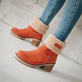 cheap Snow &amp; Winter Boots-Women&#039;s Faux Suede Ankle Boots with Fleece Lining and Fold-Over Cuff, Block Heel Winter Boots Available in Multiple Colors