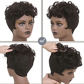 cheap Black &amp; African Wigs-Dark Brown Short Pixie Cut Wigs for Black Women Curly Hair Replacement Short Black Layered Wavy Pixie Wigs With Bangs For Black Women