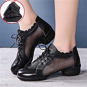 abordables Baskets de danse-Chaussures de danse à lacets en cuir et maille blanche pour femmes, avec semelle souple et flexible, baskets de jazz respirantes pour la pratique latine, la salle de bal et l&#039;entraînement physique.