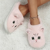 ieftine Flip-Flops de Damă-papuci de pisică de pluș pentru femei - papuci confortabili de interior cu blană, cu urechi drăguțe și broderie pentru îmbrăcăminte de iarnă acasă