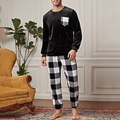 preiswerte Pyjamas-Herren Hausanzug Schlafanzüge Schlafanzug Set Pyjama-Oberteil und Hose 2 Stück Plaid Stilvoll Brautkleider schlicht Komfort Heim Täglich Flanell Komfort Rundhalsausschnitt Langarm Pullover