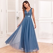 preiswerte Abendkleider-A-Linie Abendkleid Elegant Kleid Abendgesellschaft Abschlussball Bodenlang Ärmellos V Ausschnitt Gürtel / Schärpe Tüll V-Ausschnitt mit Glitzer Stickerei 2025