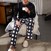 billiga Pyjamas-Herr Vardagsklädsel Sovkläder Pyjamas set Pyjamastopp och byxa 2 delar Rutig Stylish Ledigt Komfort Hem Dagligen Bomullsblandning Komfort Henley Långärmad T-shirt Byxa Snörning Elastisk midja Sommar