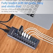 cheap USB Hubs-100‑240V 10 Port 60W USB 3.0 Hub with Individual Power Switches LEDs Aluminum Alloy Shell USB 3.0 Docking Station 60W 12V 5A Power Adapter