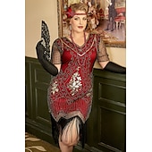 olcso Öltözetek-szett midi flapper ruha ujj hullám paróka fejpánt hosszú opera kesztyű nyaklánc cigarettatartó női ordító 20-as évek 1920-as évek flapper lány koktél maszk ruhák a nagyszerű gatsby jelmez