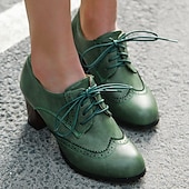 tanie Lata 20. XX wieku-damskie zielone półbuty typu brogs oxford - skórzane buty vintage ze sznurowadłami na grubym obcasie do biura i na co dzień