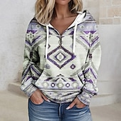 cheap Boho Tops-Women&#039;s Quarter Zipper Sweater Hoodie Hoodie Pullover Tribal Casual Sports Drawstring Front Pocket Quarter Active Ethnic Hoodie Long Sleeve Top  Comfrt Breathable Soft Fabric