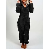 billiga Sovkläder-pyjamas med huva i ett stycke för kvinnor enfärgad röd plysch fleece långärmad vintersovkläder mysiga hemkläder passar hemkläder
