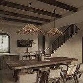cheap Lantern Design-LED Pendant Lamp Rattan Pendant Light 30/40m Retro Suspension Lamp Woven Hanging Lamp Wicker Lampshade Hanging Light Fixture for Dining Table Restaurant 110-240V