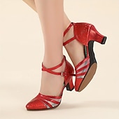 preiswerte Lateinamerikanische Schuhe-Rote Latein-Tanzschuhe für Damen – glänzende Kunstleder-Absätze mit Mesh-Einsätzen und Knöchelriemen für Standardtanz, Salsa und Auftritte
