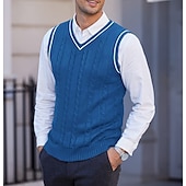 billige genser for menn-Herre Genser vest Pullover genser Kjole genser Kabel Strikke Glimmer Multi Layer Helfarge V-hals Etnisk stil Gammeldags stil Daglig Klær Drop Shoulder Vår Høst Svart Hvit S M L