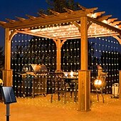 abordables Guirlandes solaires-3*3m 300 led solaire rideau lumière extérieure télécommande lumière 8 modes d&#039;éclairage guirlandes ip65 étanche fil de cuir lumières fête de noël mariage maison chambre jardin décoration murale