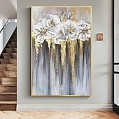 preiswerte Blumen-/Botanische Gemälde-Handgefertigtes handgemaltes Ölgemälde an der Wand, abstraktes Ölgemälde mit weißen blühenden Blumen auf Leinwand, originales goldenes Blumen-Acrylgemälde, modernes großes Wandkunst-Dekor, gerollte