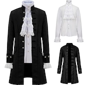baratos Conjuntos-conjunto com camisa com babados jacquard trench coat peruca colonial 2 * bonés de peruca roupas vitorianas medievais masculinas retrô vintage princesa vampiro fantasia cosplay halloween baile de