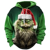 billige Juledyreantrekk-jul menns juledyr 3d hettegensere julenissens katt grafiske utskrifter daglig klassisk uformell 3d genser ferie gå ut hettegensere rød mørk grønn hette våren &amp;amp; iført lue bomull