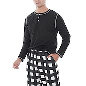 billiga Pyjamas-Herr Vardagsklädsel Sovkläder Pyjamas set Pyjamastopp och byxa 2 delar Rutig Stylish Ledigt Komfort Hem Dagligen Bomullsblandning Komfort Henley Långärmad T-shirt Byxa Snörning Elastisk midja Sommar