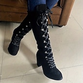 cheap Fashion Boots-Women&#039;s Black Lace-Up Knee-High Boots with Block Heels - Elegant and Edgy for Fall and Winter, Ideal for Casual Wear, Parties, and Nights Out