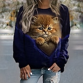 abordables Animales Tops-Sudadera de mujer con estampado de gato, informal, deportiva, activa, cuello redondo, manga larga, top microelástico, caída&amp;amp;Tejido suave, transpirable y cómodo para el invierno.
