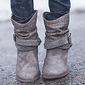 olcso Slouch Boots-női, szürke, domború bokacsizma szegecses pántokkal és kivágott dizájnnal – tökéletes alkalmi és bohó-sikkes ruhákhoz