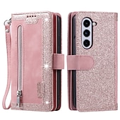 abordables Carcasas Samsung-Funda para teléfono para Samsung Galaxy Z Fold 5 Z Fold 4 Z Fold 3 Funda de billetera con cremallera protección completa con correa para muñeca color liso de cuero PU