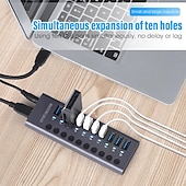 cheap USB Hubs-100‑240V 10 Port 60W USB 3.0 Hub with Individual Power Switches LEDs Aluminum Alloy Shell USB 3.0 Docking Station 60W 12V 5A Power Adapter