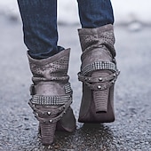 olcso Slouch Boots-női, szürke, domború bokacsizma szegecses pántokkal és kivágott dizájnnal – tökéletes alkalmi és bohó-sikkes ruhákhoz
