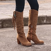 levne Cowboy &amp; Western Boots-dámské retro třásňové semišové kozačky ve westernovém stylu - hnědé kozačky na podpatku do půl lýtek pro ležérní a boho outfity