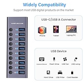 cheap USB Hubs-100‑240V 10 Port 60W USB 3.0 Hub with Individual Power Switches LEDs Aluminum Alloy Shell USB 3.0 Docking Station 60W 12V 5A Power Adapter