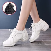 abordables Baskets de danse-Chaussures de danse à lacets en cuir et maille blanche pour femmes, avec semelle souple et flexible, baskets de jazz respirantes pour la pratique latine, la salle de bal et l&#039;entraînement physique.
