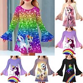 cheap 3D Unicorn Dress-Girls&#039; 3D Graphic Cartoon Unicorn Dress Long Sleeve 3D Print Summer Fall Vacation Sports &amp; Outdoor Daily Cute Casual Beautiful Kids 3-12 Years Casual Dress A Line Dress Above Knee Regular Fit