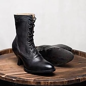 cheap 1920s-Women&#039;s Black Vintage Lace-Up Ankle Boots - Retro Faux Leather Victorian-Style Shoes for Cosplay, Reenactments, and Special Occasions