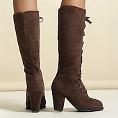 cheap Fashion Boots-Women&#039;s Black Lace-Up Knee-High Boots with Block Heels - Elegant and Edgy for Fall and Winter, Ideal for Casual Wear, Parties, and Nights Out