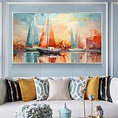 abordables Peintures paysages-peinture à l&#039;huile faite à la main toile mur art décor original voilier coloré en entier pour la décoration intérieure avec cadre étiré sans peinture de cadre intérieur