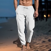 cheap Holiday-Men&#039;s Linen Pants Trousers Summer Pants Beach Pants Pocket Drawstring Elastic Waist Plain Comfort Soft Daily Weekend Streetwear Casual Black White Micro-elastic