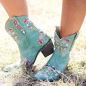 abordables Cowboy y botas occidentales-Botas vaqueras occidentales vintage para mujer: botines de piel sintética con bordados florales para uso informal y festivo