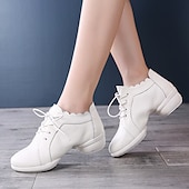 abordables Baskets de danse-Chaussures de danse à lacets en cuir et maille blanche pour femmes, avec semelle souple et flexible, baskets de jazz respirantes pour la pratique latine, la salle de bal et l&#039;entraînement physique.
