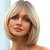 cheap Older Wigs-Synthetic Wig Straight Neat Bang Wig Short Light golden Synthetic Hair Women&#039;s Fashionable Design Soft Natural Blonde