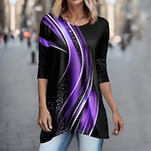 abordables Tuniques-T-shirt Tunique Femme Géométrique Basic Manches Longues Col Rond Longs Hauts Quotidien Week-end Imprimé Tunique Fluide Rose Bleu Violet Vert Gris Printemps  Automne