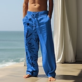 cheap Holiday-Men&#039;s Coconut Tree Graphic Prints Linen Pants Trousers Summer Pants Mid Waist Streetwear Hawaiian Designer Casual Daily Holiday Drawstring Elastic Waist 3D Print Spring &amp; Summer 3D Print Blue Khaki