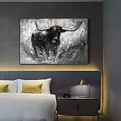 preiswerte Tiergemälde-Handgefertigtes Ölgemälde auf Leinwand, Wandkunst, Dekoration, schwarz-weißer abstrakter Tier-Stier für Heimdekoration, gerolltes, rahmenloses, ungedehntes Gemälde