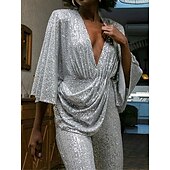 billige festdresser-dame jumpsuit høy midje paljett glitrende ensfarget v-hals elegant bryllupsfest normal passform 3/4-lengde erme sølv s m l fall