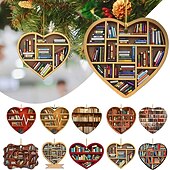 お買い得  木のアクセサリー-クリスマスツリーの装飾、スクエアハートの本棚ペンダント、図書館の本棚のハートの飾り、部屋の装飾