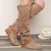 cheap Cowboy &amp; Western Boots-Women&#039;s Suede Knee-High Boots with Wedge Heel and Buckle Strap - Bohemian Style Casual Boots in Denim Blue
